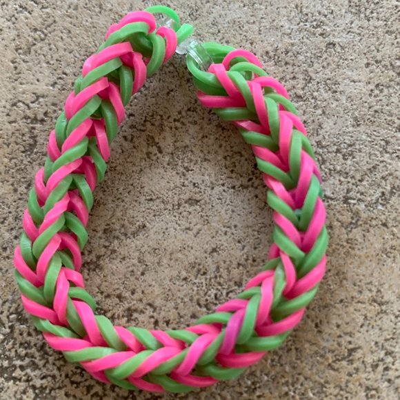 Neon Pink and Green Fishtail Rainbow Loom Bracelet - Picture 1 of 3